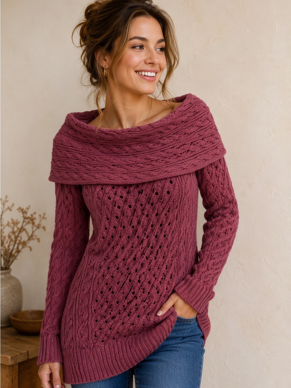 Guess Off-the-Shoulder Cable Knit Sweater in Berry Plum